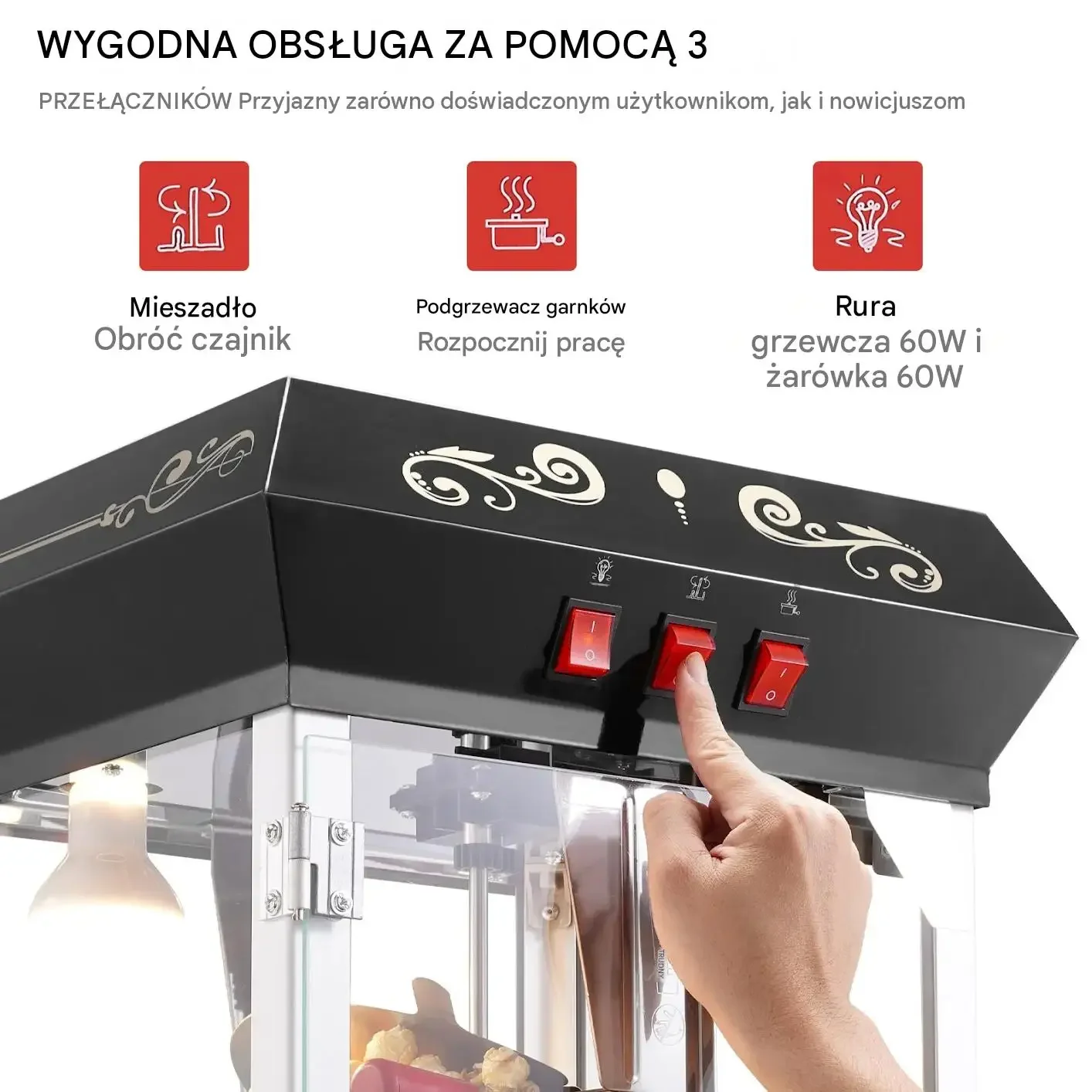 Maszyna popcornu automat kukurydzy domowa kinowa mocna 850 W czarna - obrazek 5