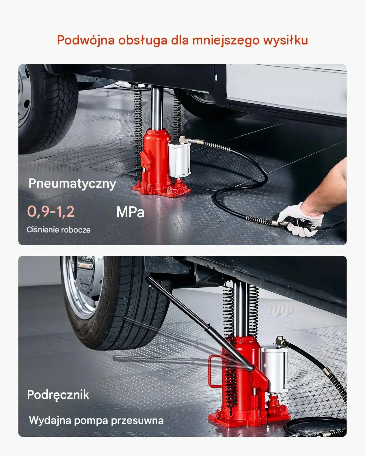 Podnośnik butelkowy hydrauliczny pneumatyczny max 20 t czerwony 260-495 mm - obrazek 5
