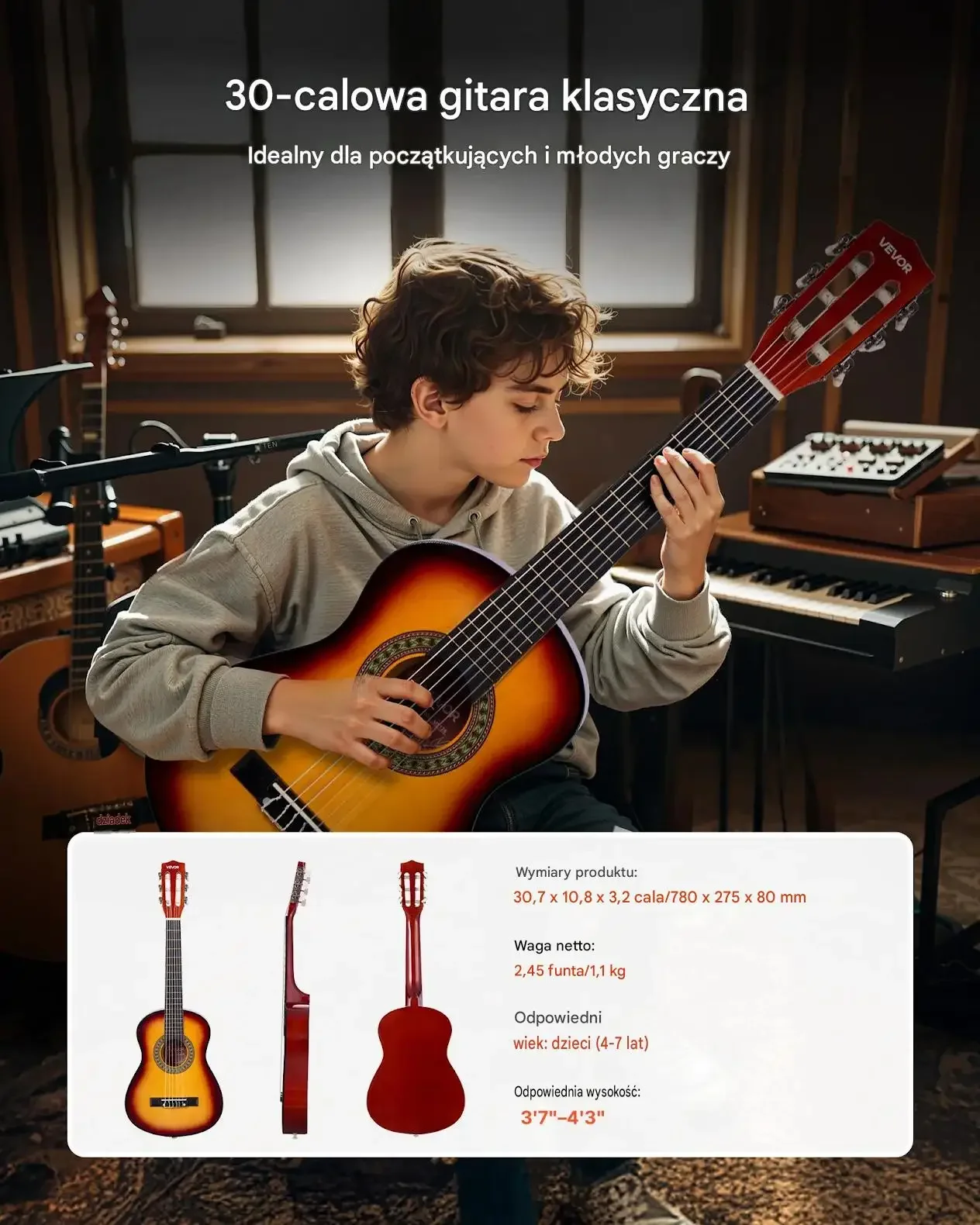 Gitara klasyczna zestaw nauka gry dzieci młodzież 780 mm sunburst premium - obrazek 5