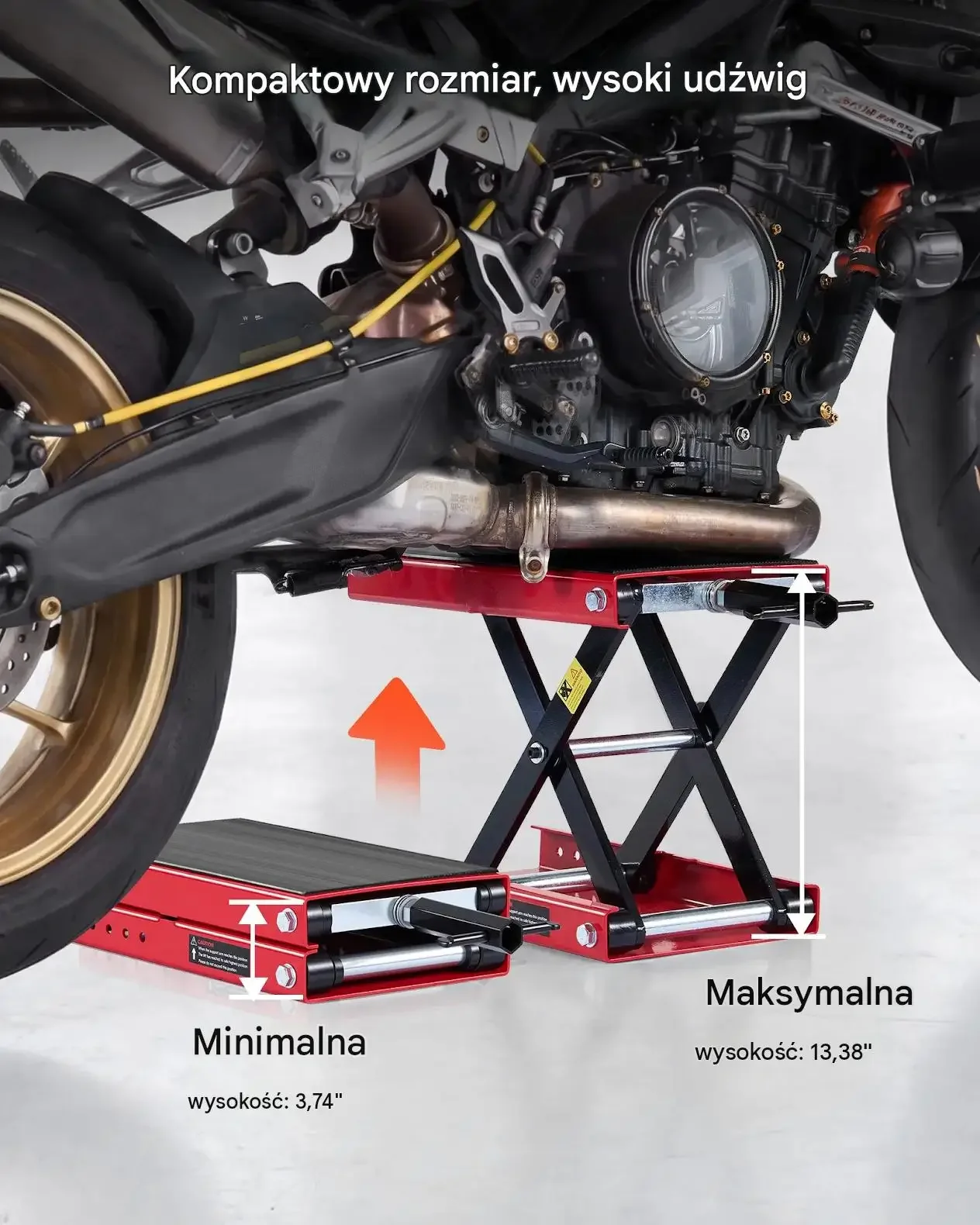 Podnośnik motocyklowy czerwony premium stalowy platforma max 499 kg śruby - obrazek 6