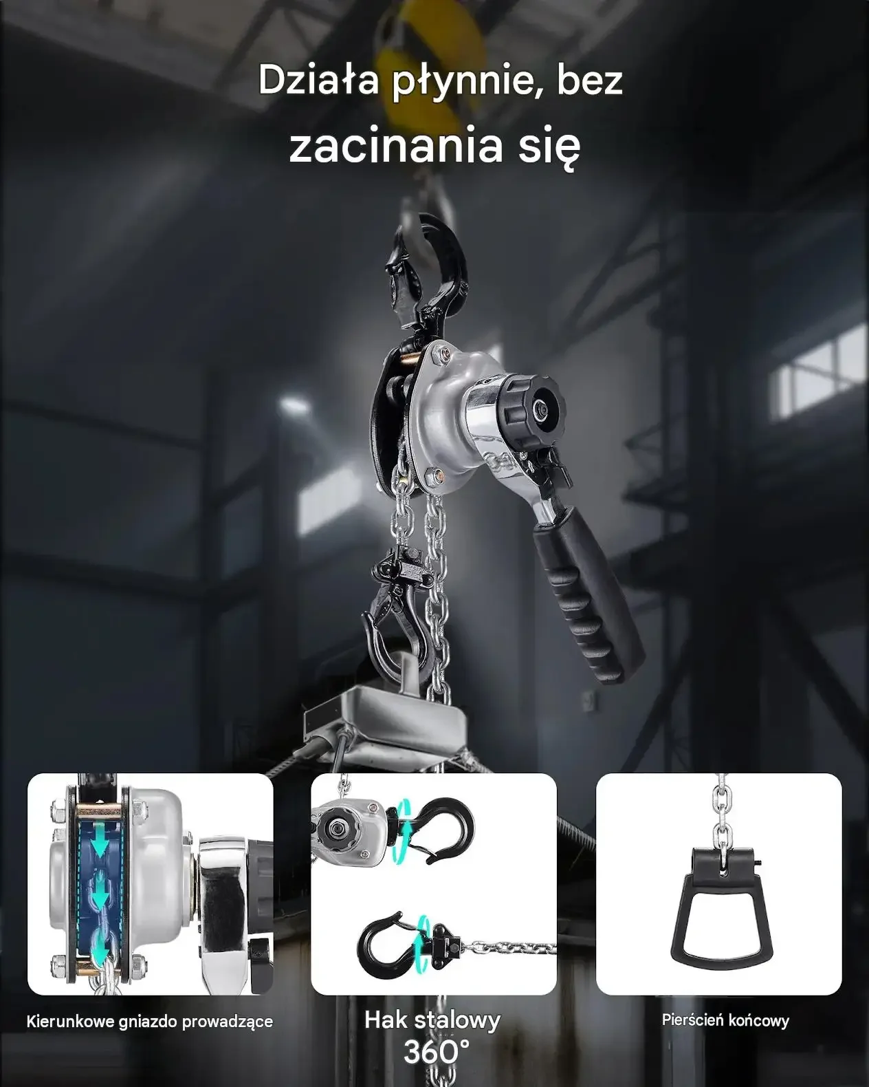 Wciągnik łańcuchowy ręczny premium 1,2 T 3 m G80 hamulec zapadkowy hak 360° - obrazek 3