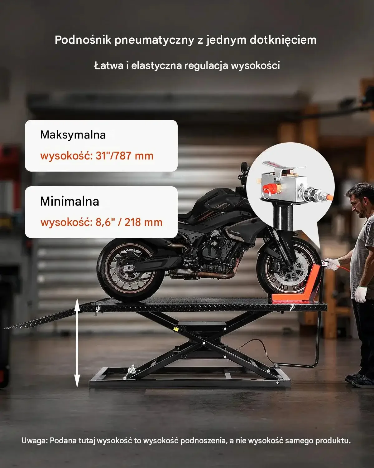 Podnośnik motocyklowy mocna konstrukcja pneumatyczna zakres 178 - 940 mm - obrazek 2