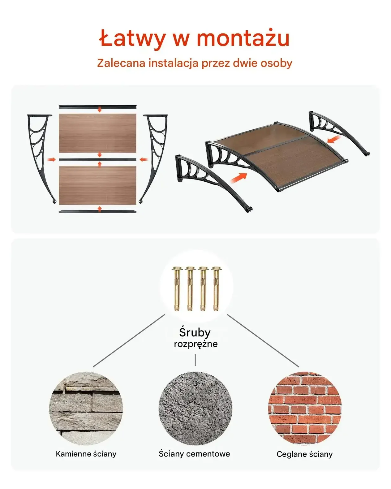Daszek nad drzwi markiza brązowa premium poliwęglan 96,5 x 101,7 cm odpływ - obrazek 6