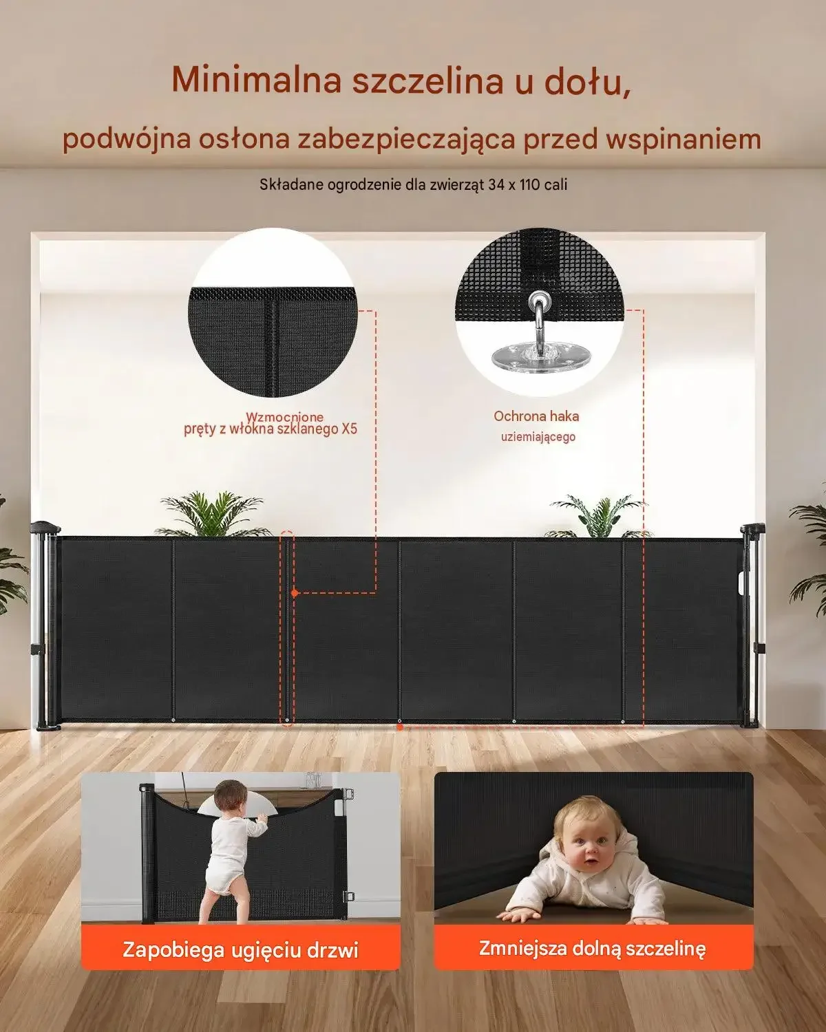 Bramka ochronna barierka roletowa schody korytarz 280 cm 87 cm mocna czarna - obrazek 2