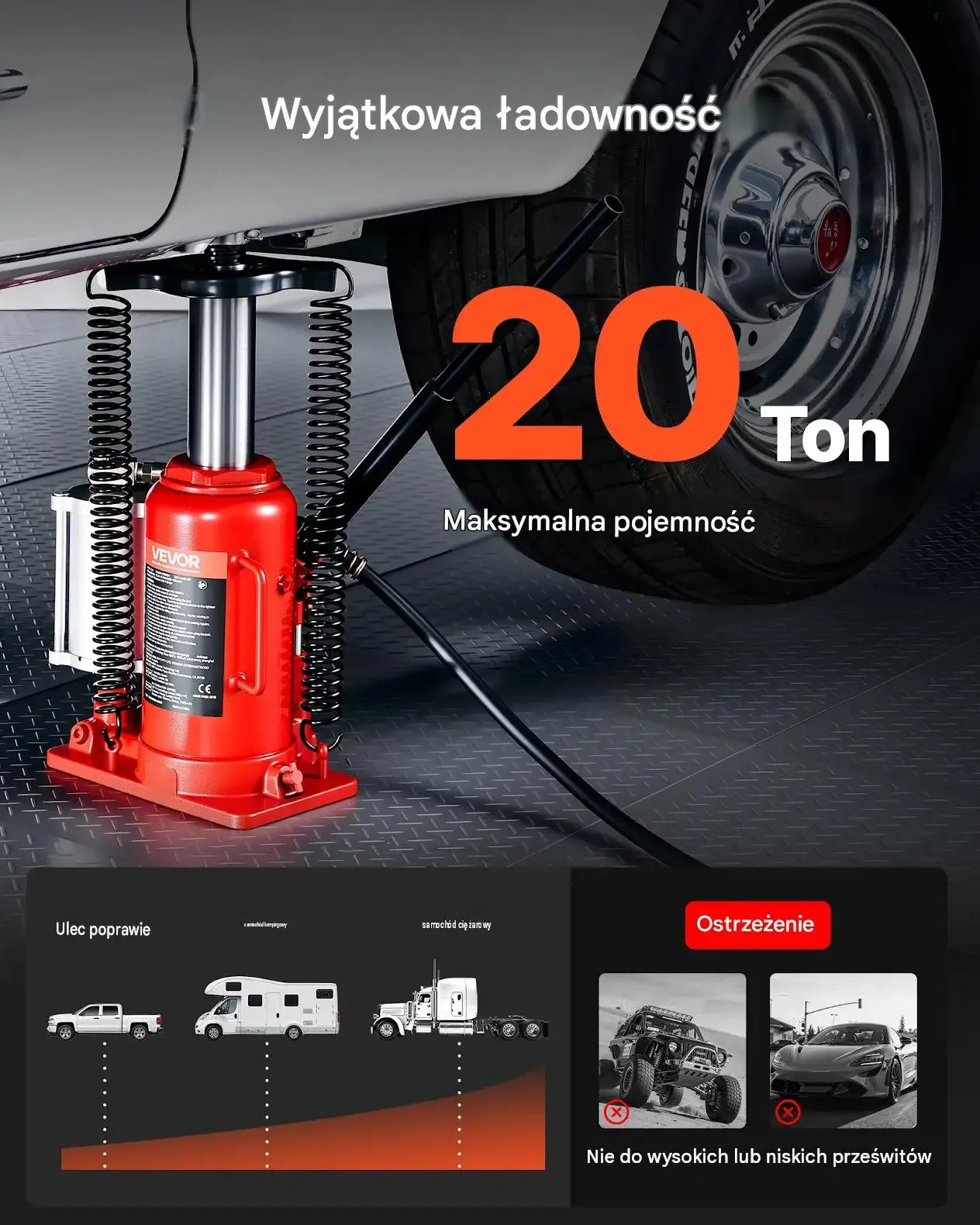 Podnośnik butelkowy hydrauliczny pneumatyczny max 20 t czerwony 260-495 mm - obrazek 6