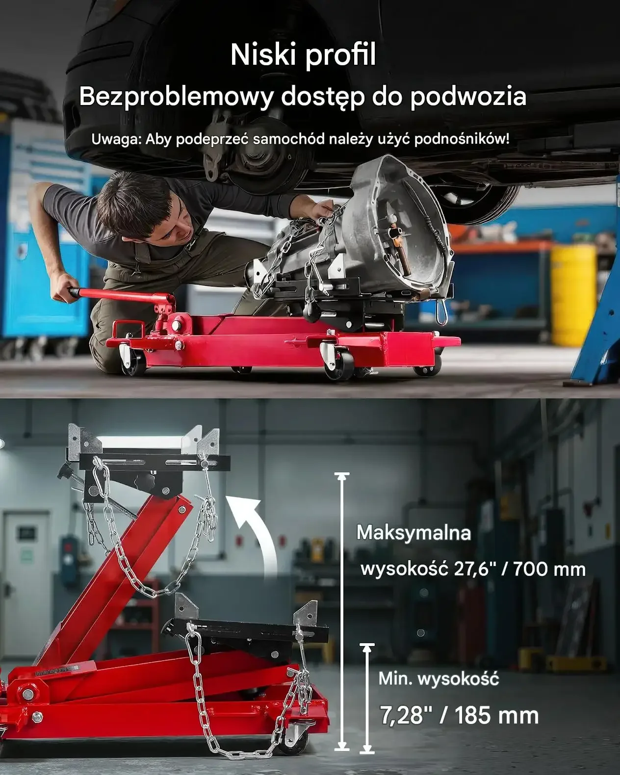 Podnośnik samochodowy 1 t hydrauliczny niski profil premium czerwona 360° - obrazek 6