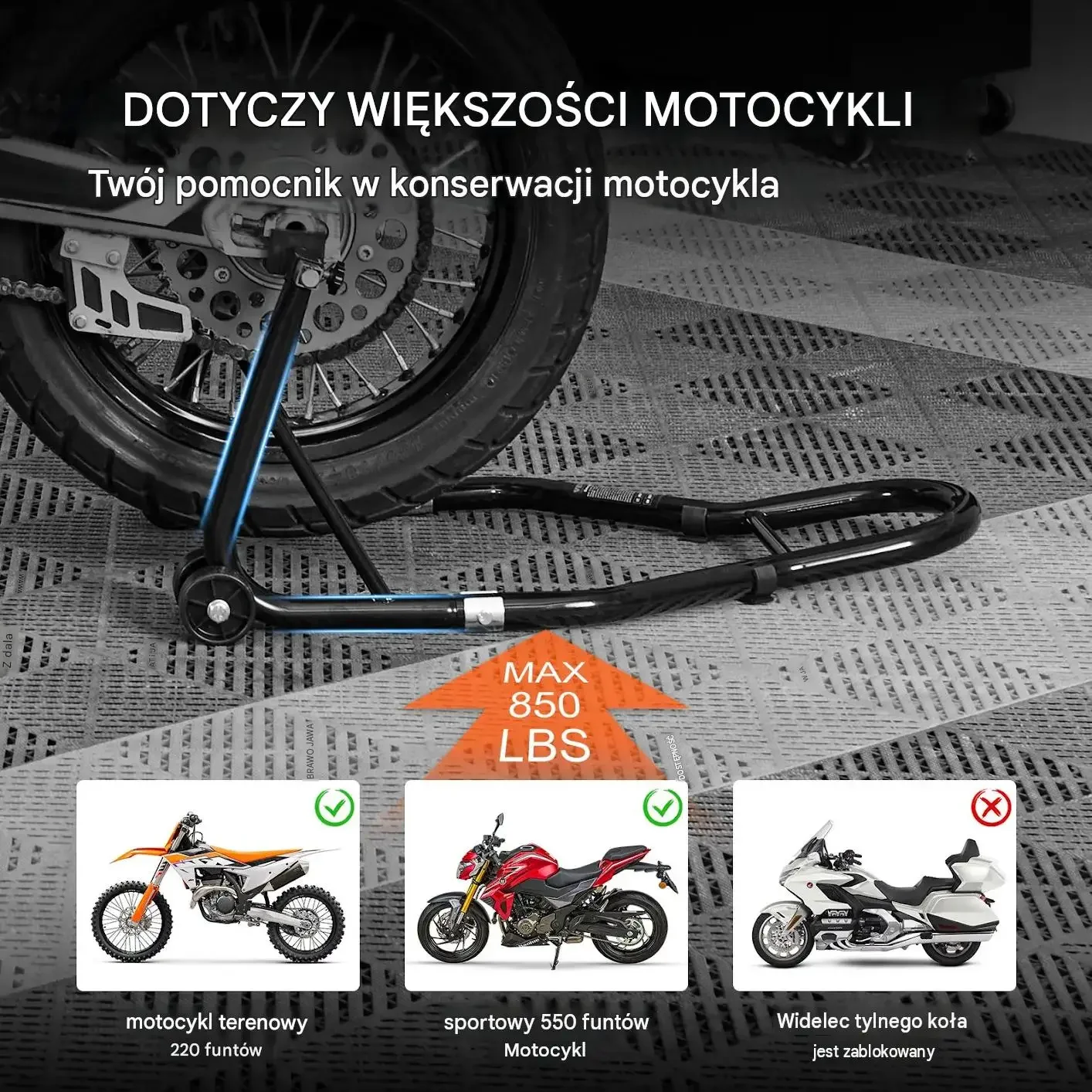Stojak motocyklowy podnośnik czarny premium tylny przedni U L max 390 kg - obrazek 4