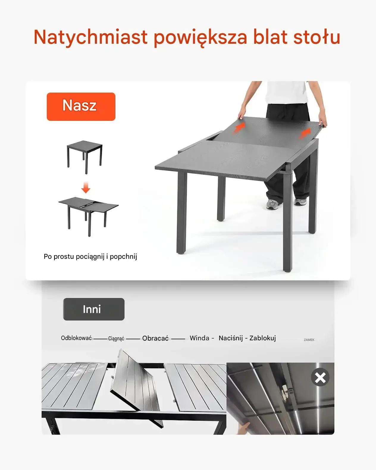 Stół ogrodowy rozkładany czarny premium 80 160 cm aluminiowy wodoodporny - obrazek 5