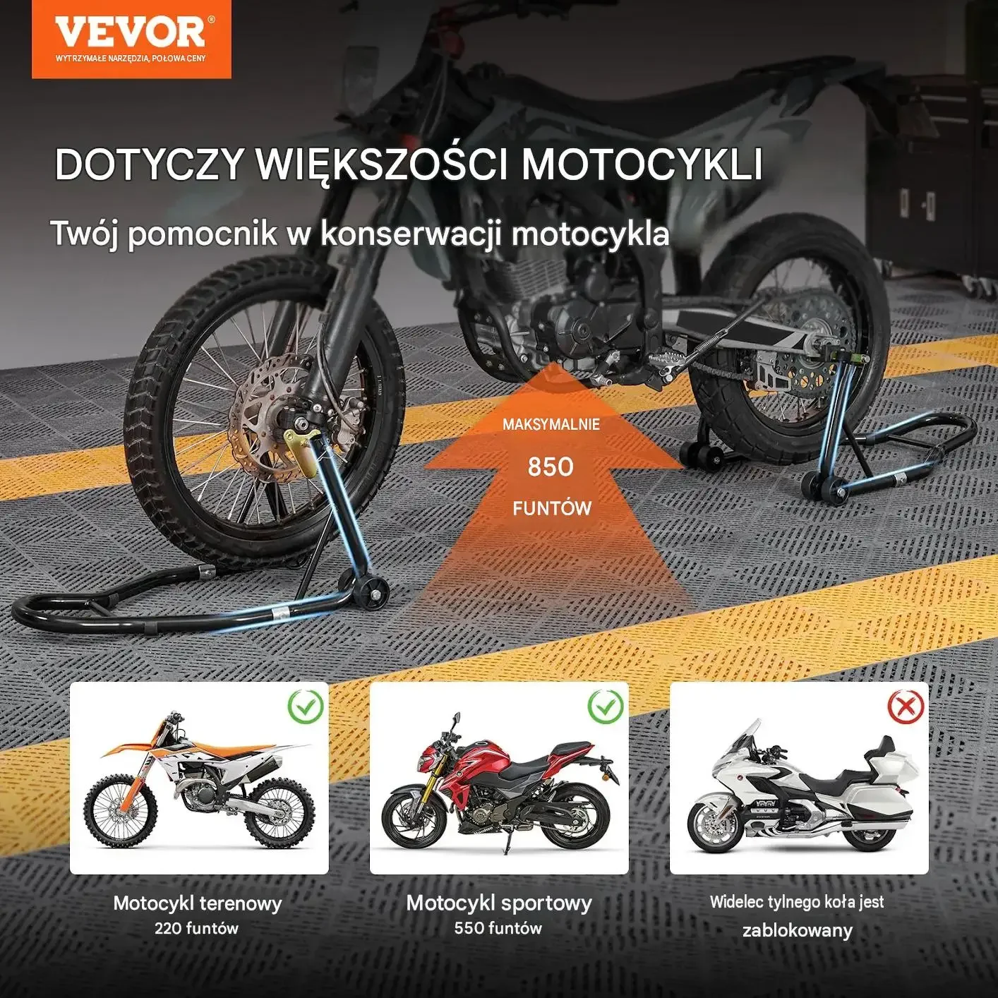 Stojak motocyklowy przód tył czarny mocna stal 390 kg zestaw regulowany U L - obrazek 6