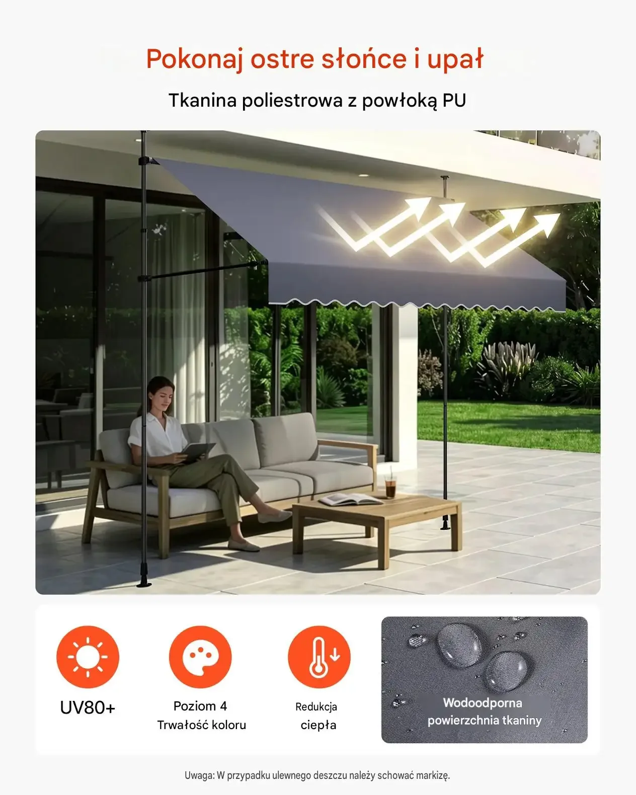 Markiza tarasowa 300 cm clamp regulacja korba UPF 80 ciemnoszara premium UV - obrazek 3