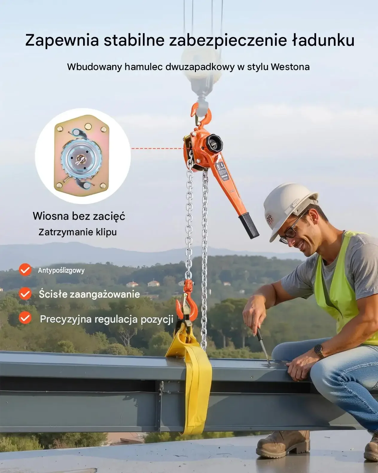 Wciągnik dźwigniowy ręczny 1,5 t 6 m łańcuch G80 premium hamulec ocynkowany - obrazek 4