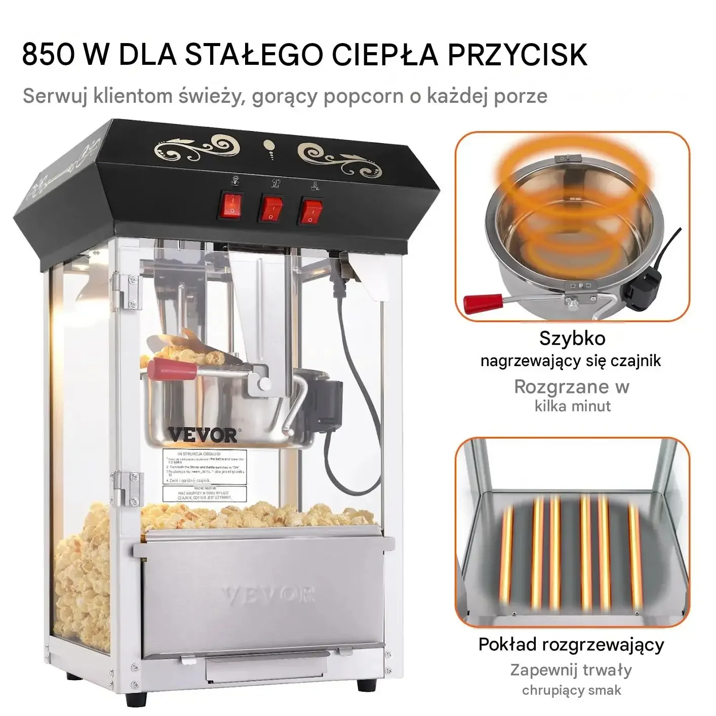 Maszyna popcornu automat kukurydzy domowa kinowa mocna 850 W czarna - obrazek 4