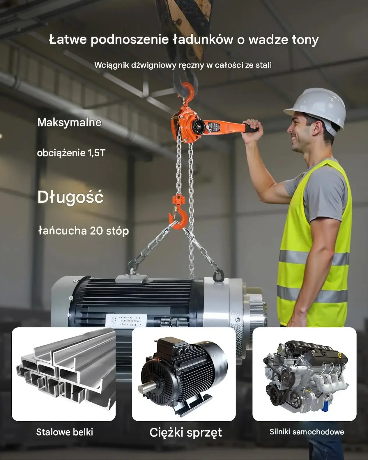 Wciągnik dźwigniowy ręczny 1,5 t 6 m łańcuch G80 premium hamulec ocynkowany - obrazek 3