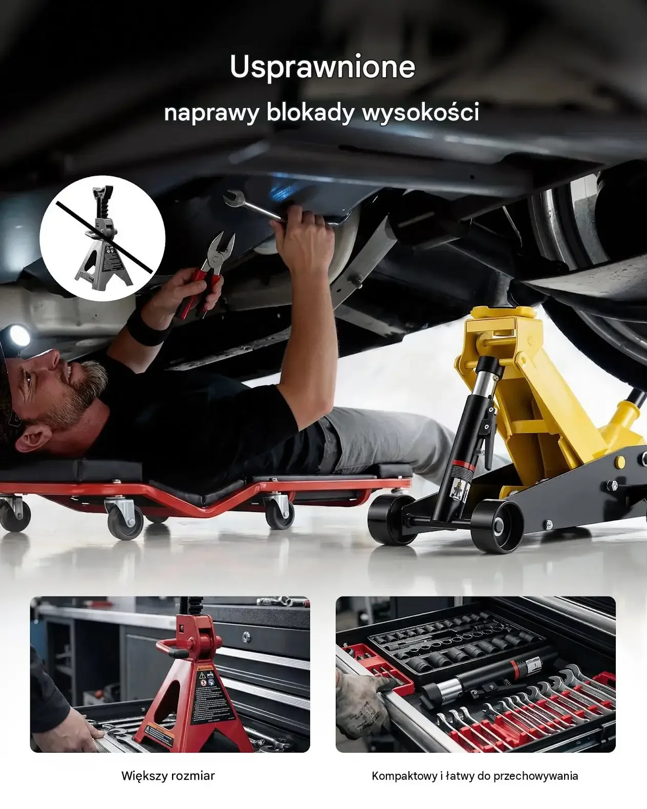 Podnośnik hydrauliczny samochodowy max 3 t czarny premium koła 360 gumowa - obrazek 3