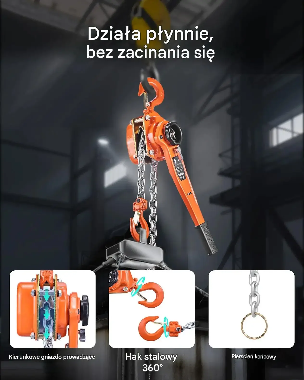 Wciągnik dźwigniowy ręczny 1,5 t 6 m łańcuch G80 premium hamulec ocynkowany - obrazek 6
