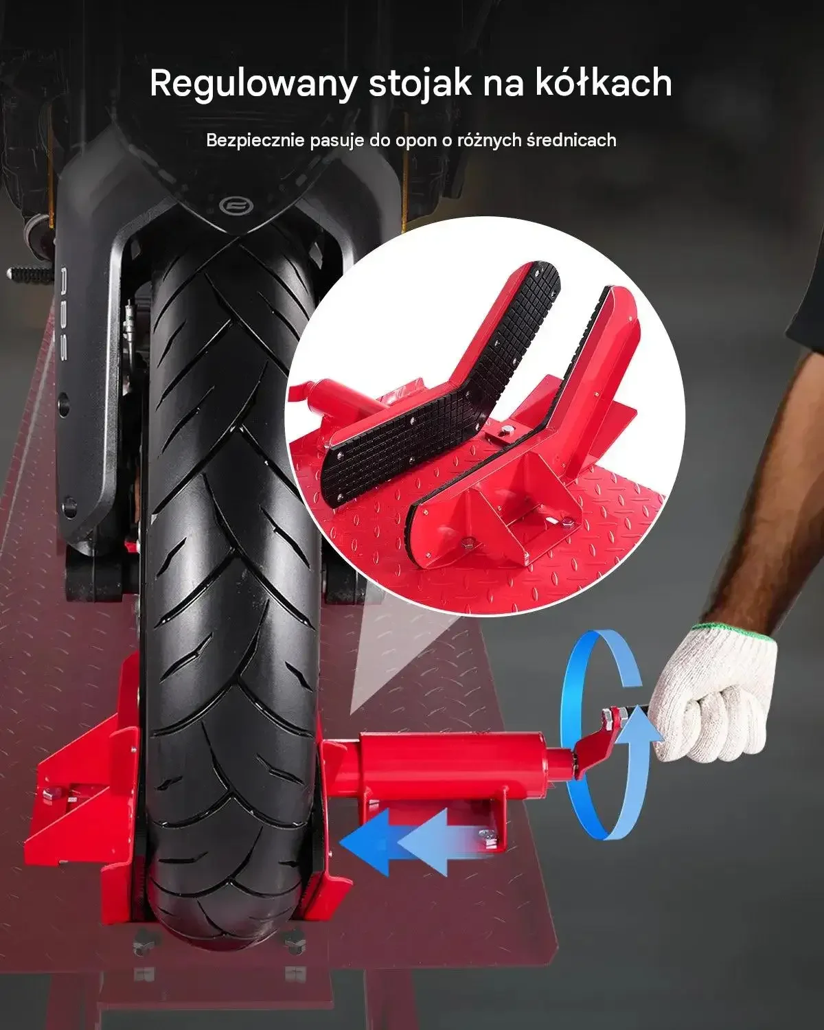 Podnośnik motocyklowy hydrauliczny mocny 453,59 kg 218 787 mm 4 koła stojak - obrazek 4