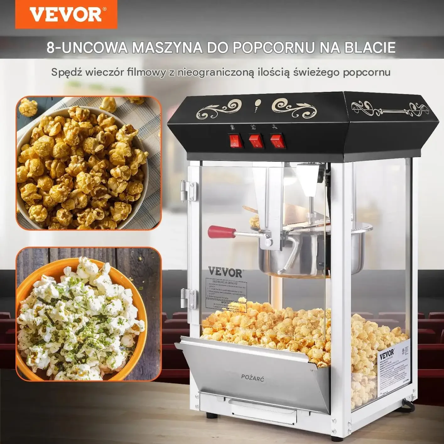 Maszyna popcornu automat kukurydzy domowa kinowa mocna 850 W czarna - obrazek 2