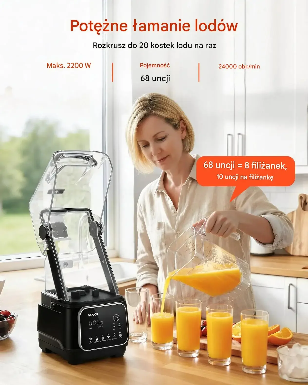 Blender stojący czarny premium robot kuchenny 2200 W 26000 RPM osłona - obrazek 2