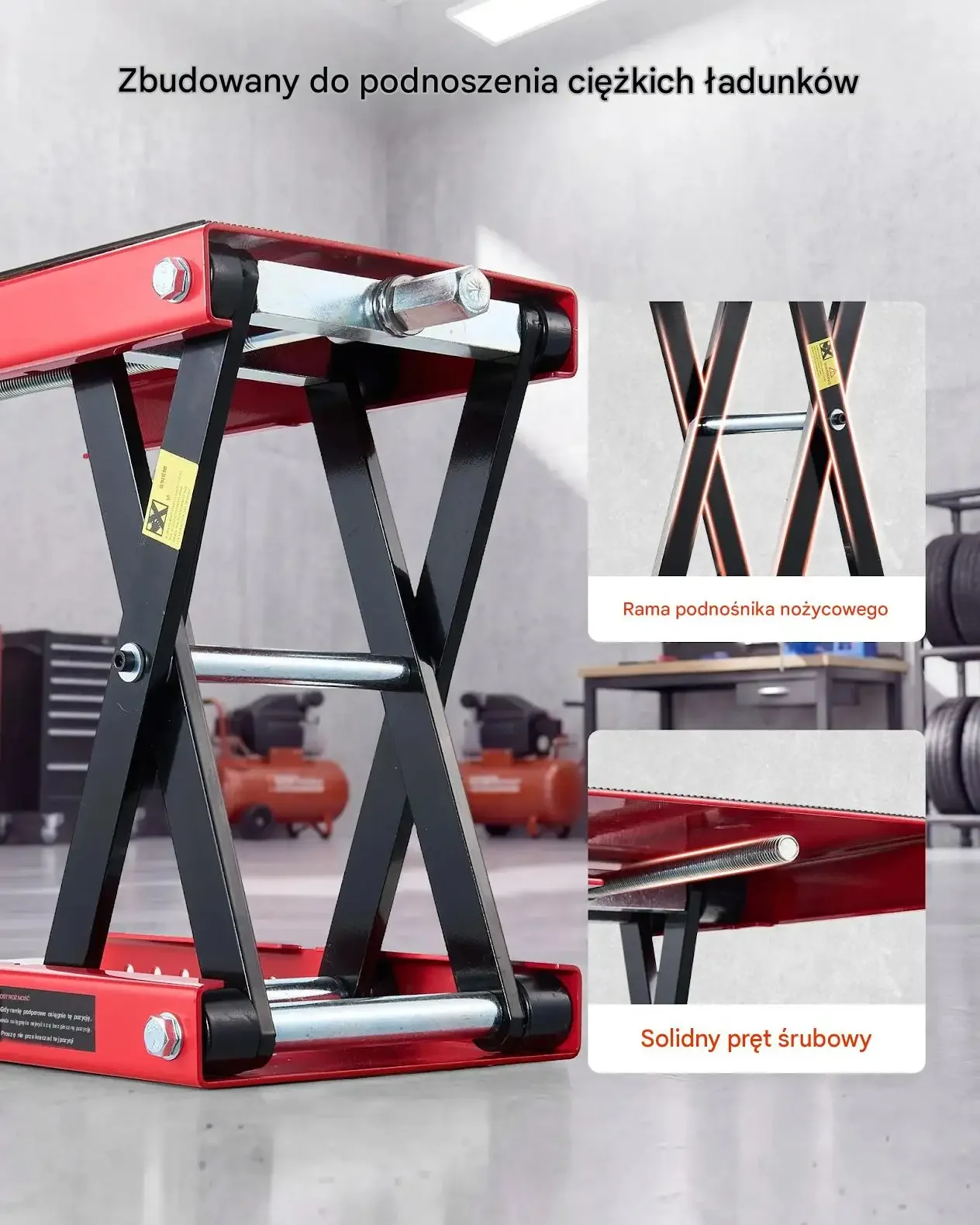 Podnośnik motocyklowy czerwony premium stalowy platforma max 499 kg śruby - obrazek 3