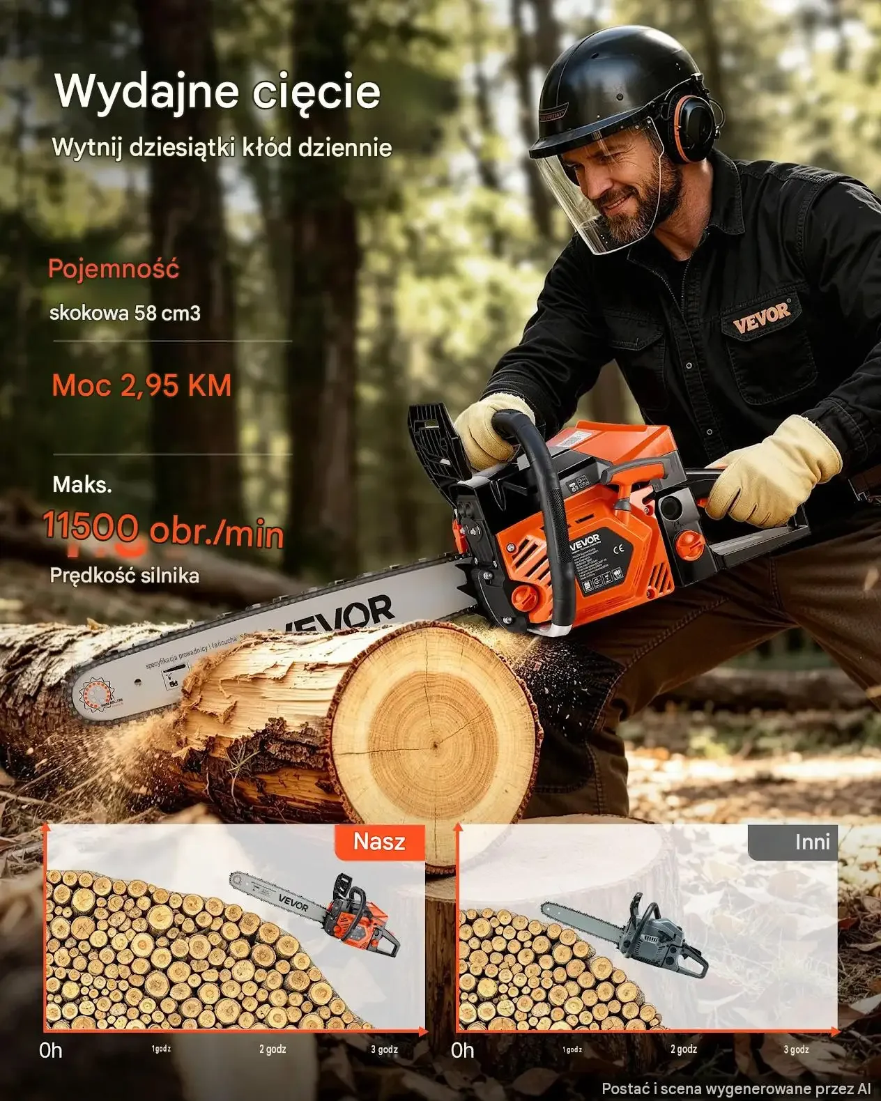 Piła łańcuchowa benzynowa mocna 58 cm3 2,2 kW 508 mm 11 500 obr/min stalowy - obrazek 6