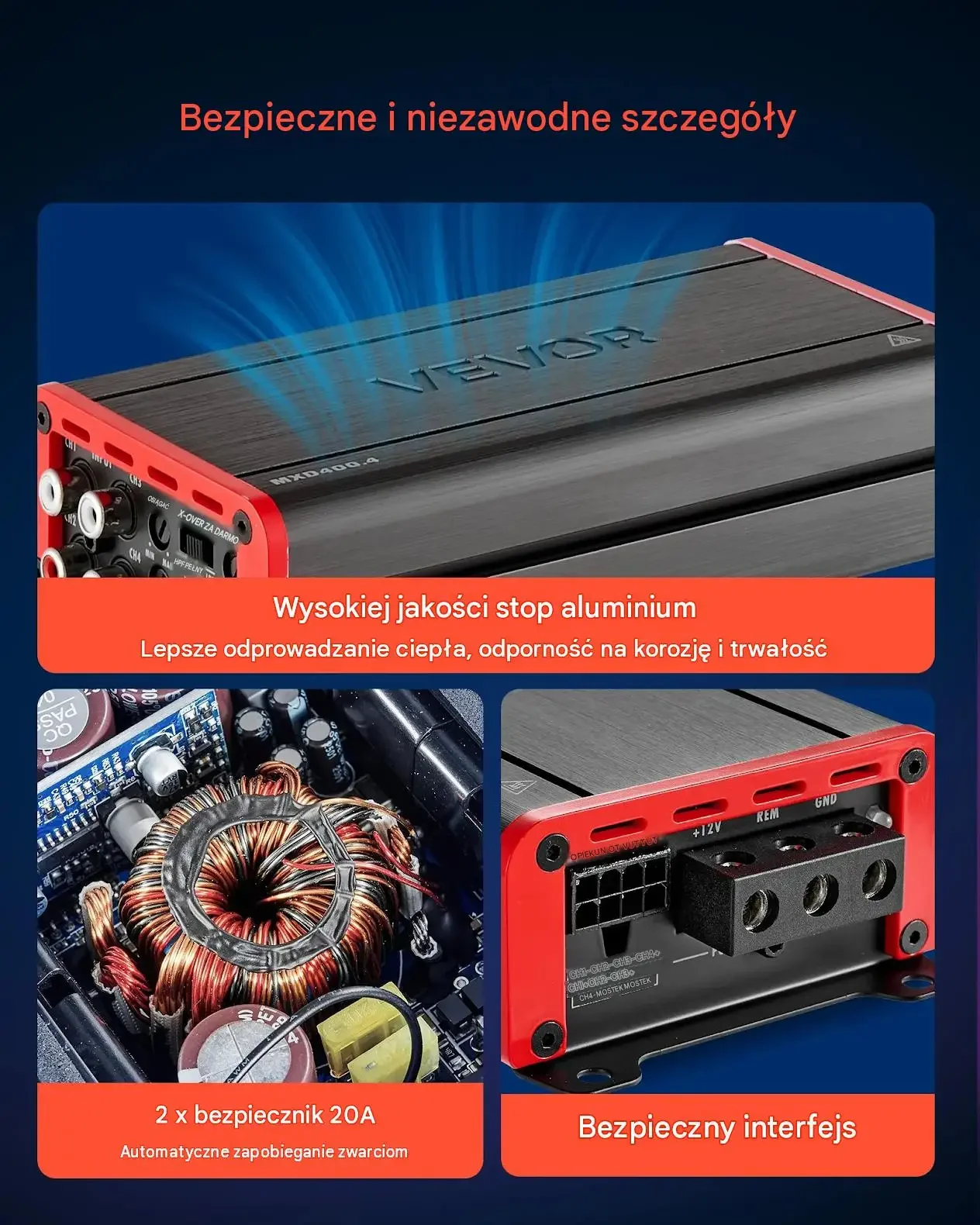 Wzmacniacz samochodowy audio stereo 4 kanałowy klasa D 4x200 W RMS premium - obrazek 5