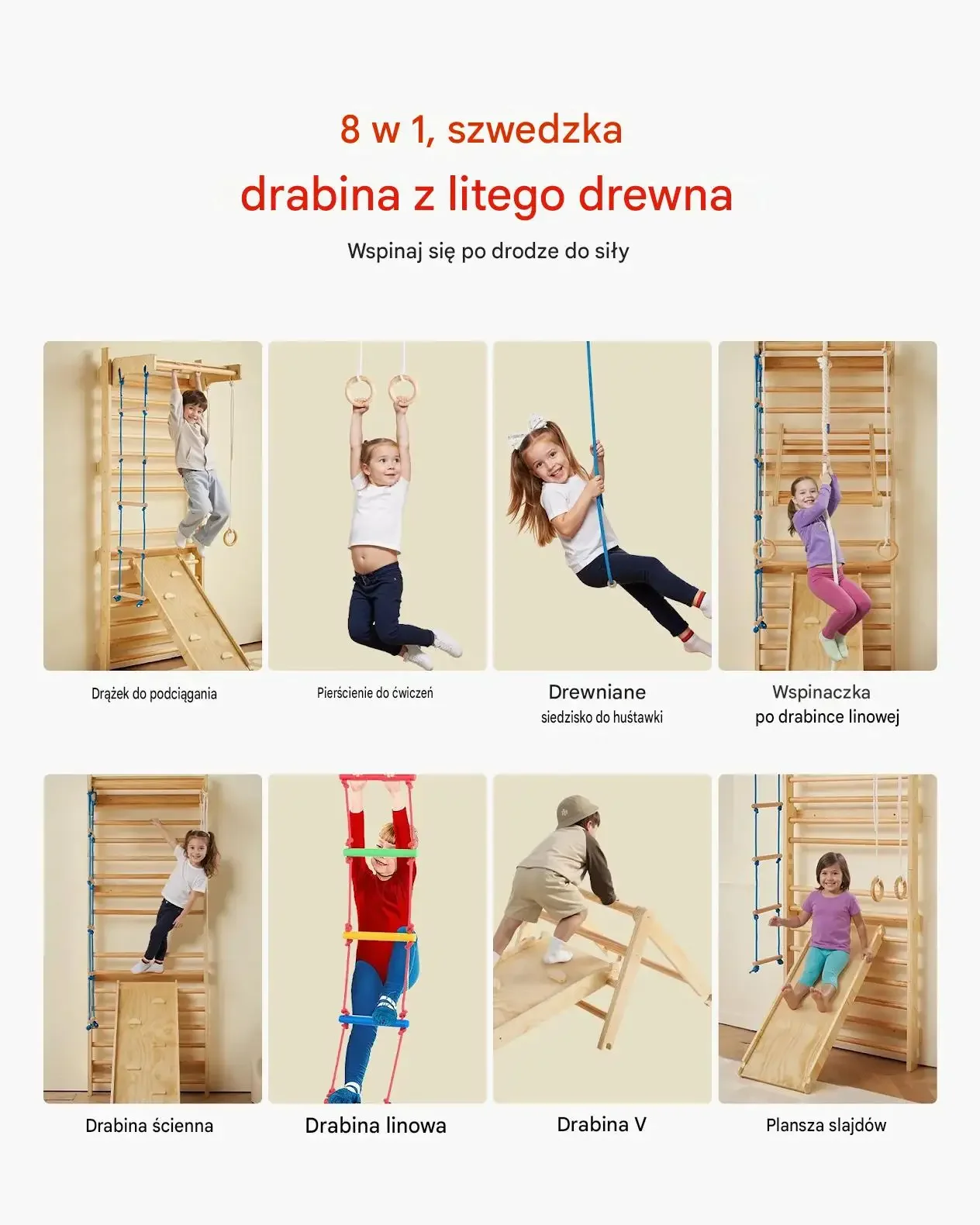 Drabinka wspinaczkowa szwedzka drewniana 8 w 1 premium dla dzieci składana - obrazek 4