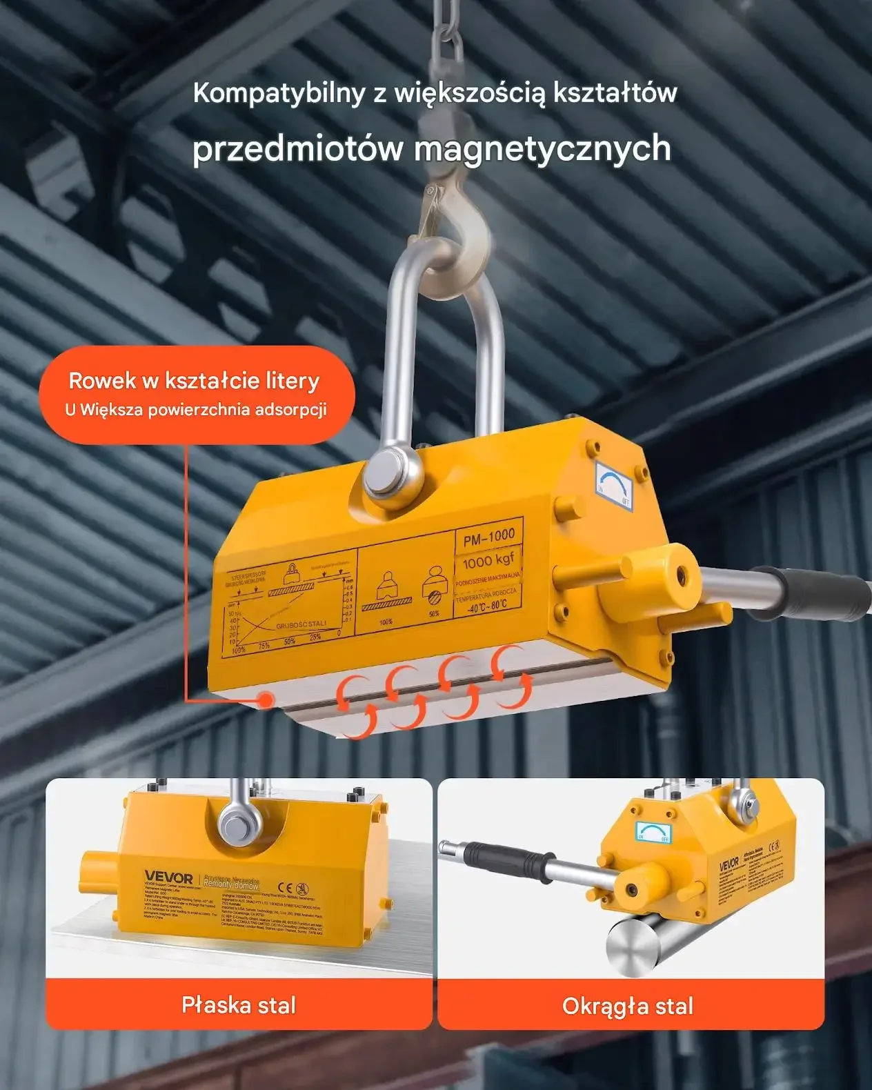 Podnośnik magnetyczny mocny 1000 kg stalowy hak trwały warsztatowy udźwig - obrazek 2
