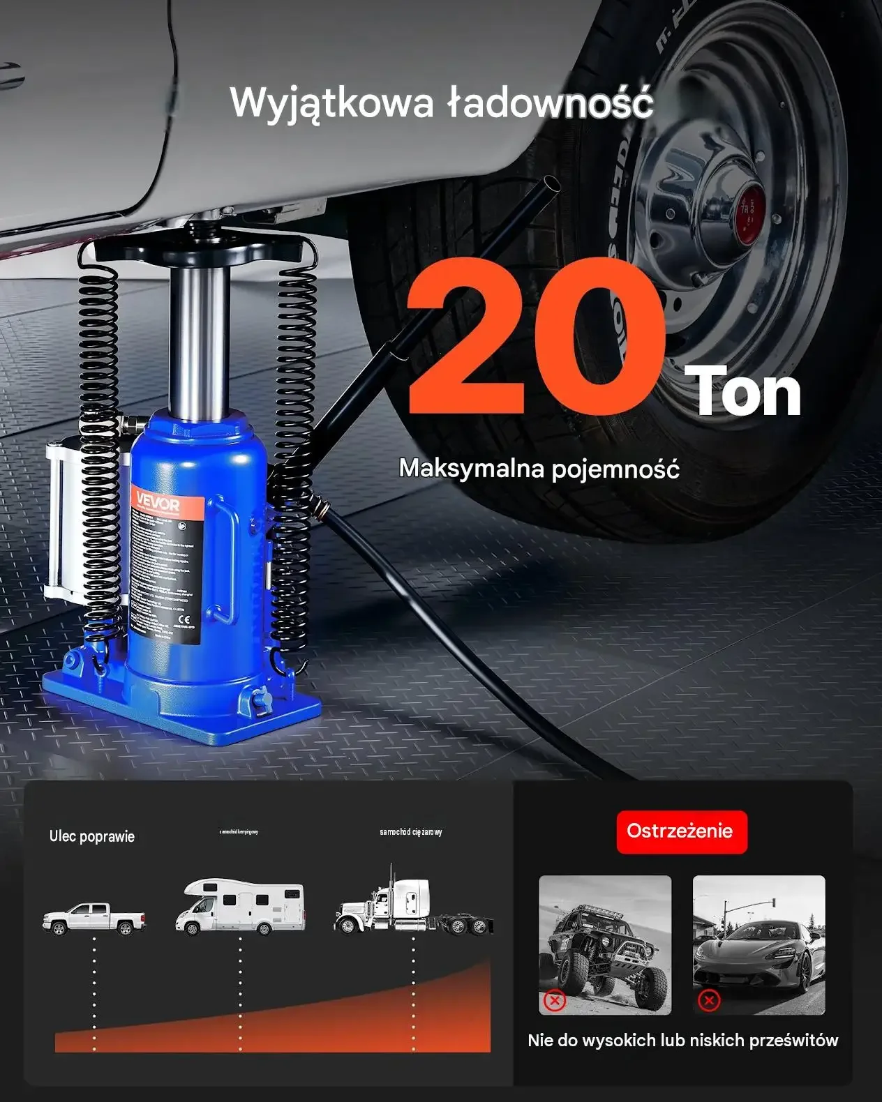 Podnośnik butelkowy hydrauliczny pneumatyczny 20 ton premium antypoślizgowy - obrazek 3