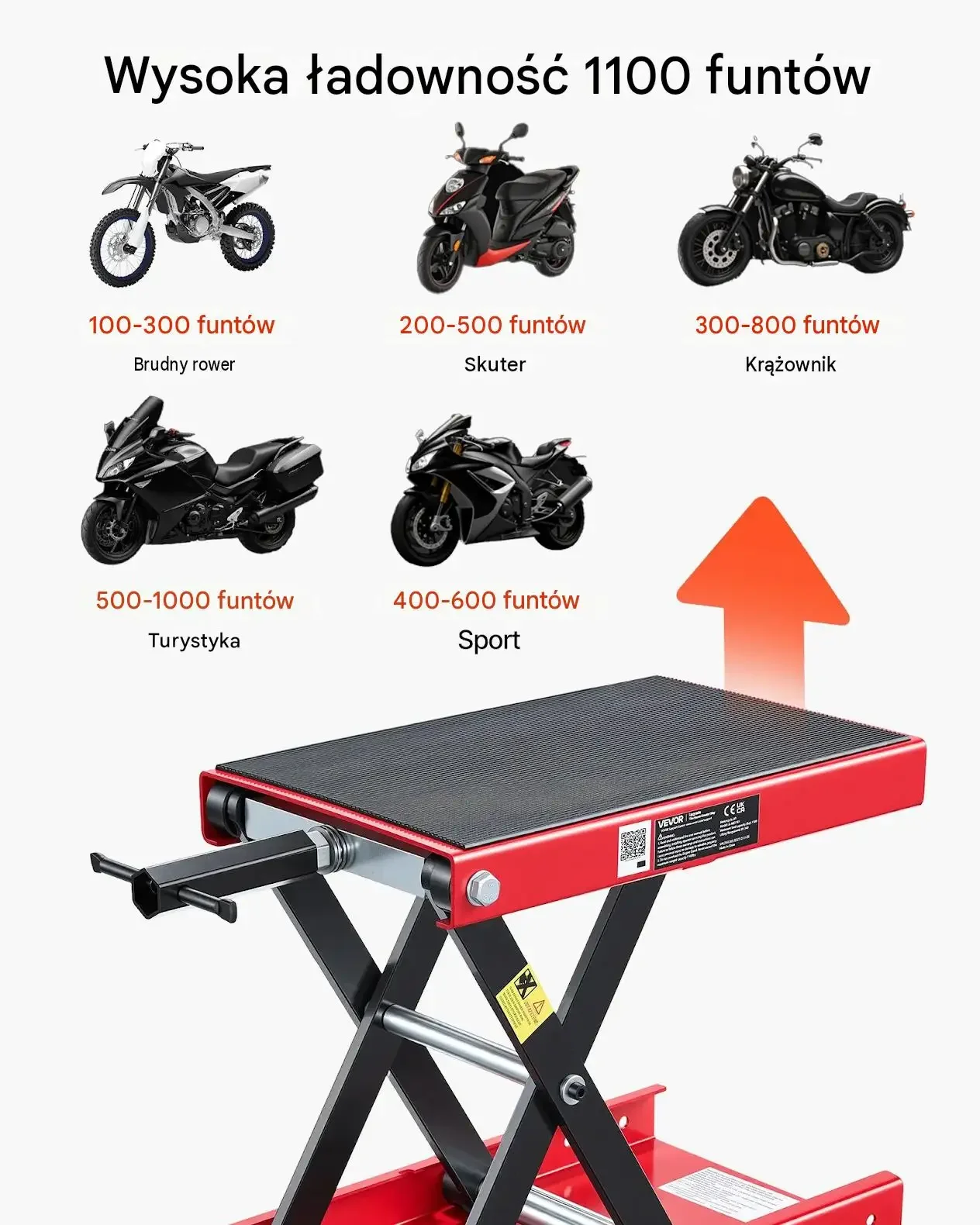 Podnośnik motocyklowy czerwony premium stalowy platforma max 499 kg śruby - obrazek 5