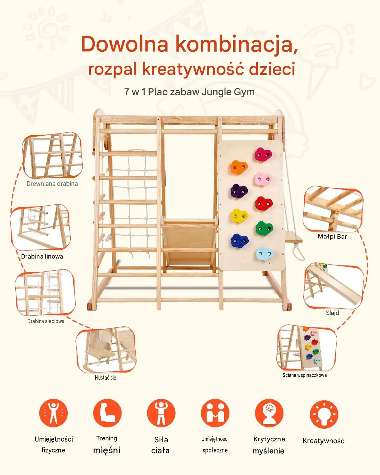 Plac zabaw domowy drewniany małpi gaj zjeżdżalnia 109 120 cm zestaw 7w1 - obrazek 3