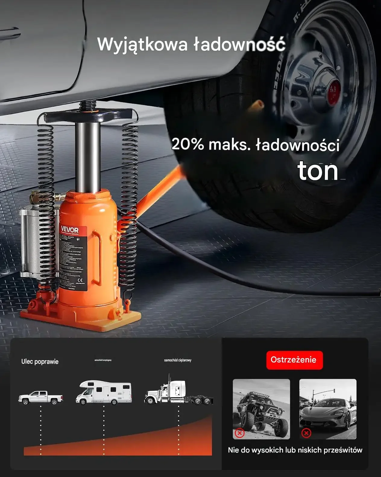 Podnośnik hydrauliczny butelkowy premium 20 ton pneumatyczny 495 mm serwis - obrazek 3