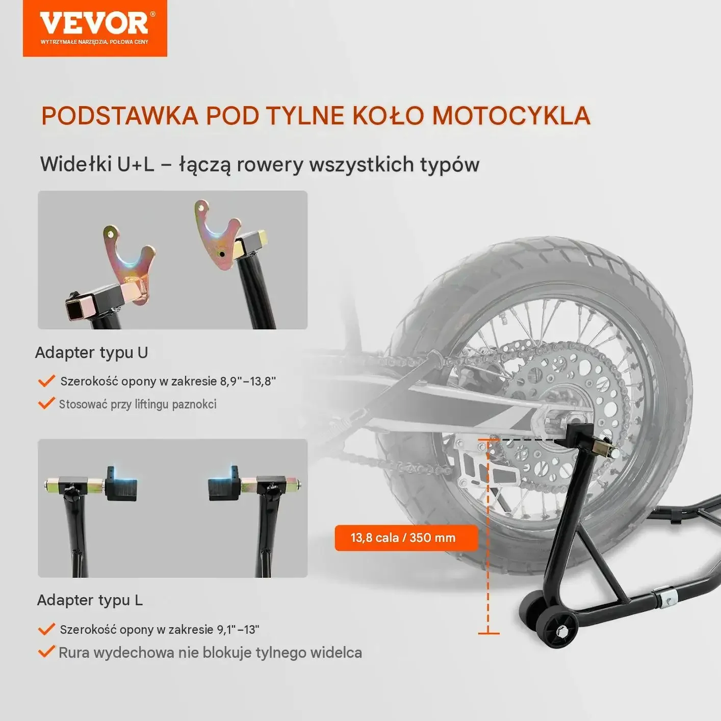 Stojak motocyklowy podnośnik czarny premium tylny przedni U L max 390 kg - obrazek 2