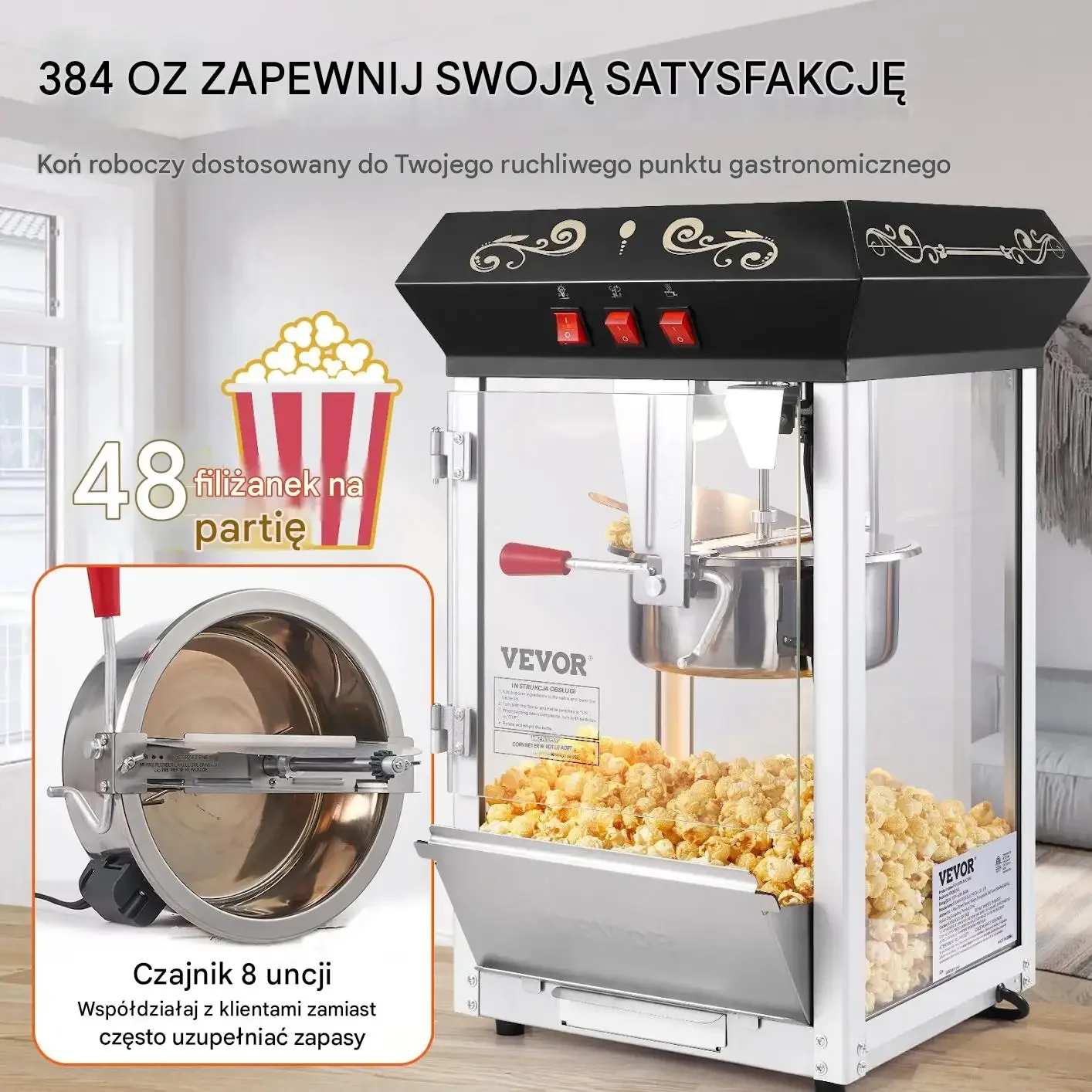 Maszyna popcornu automat kukurydzy domowa kinowa mocna 850 W czarna - obrazek 3