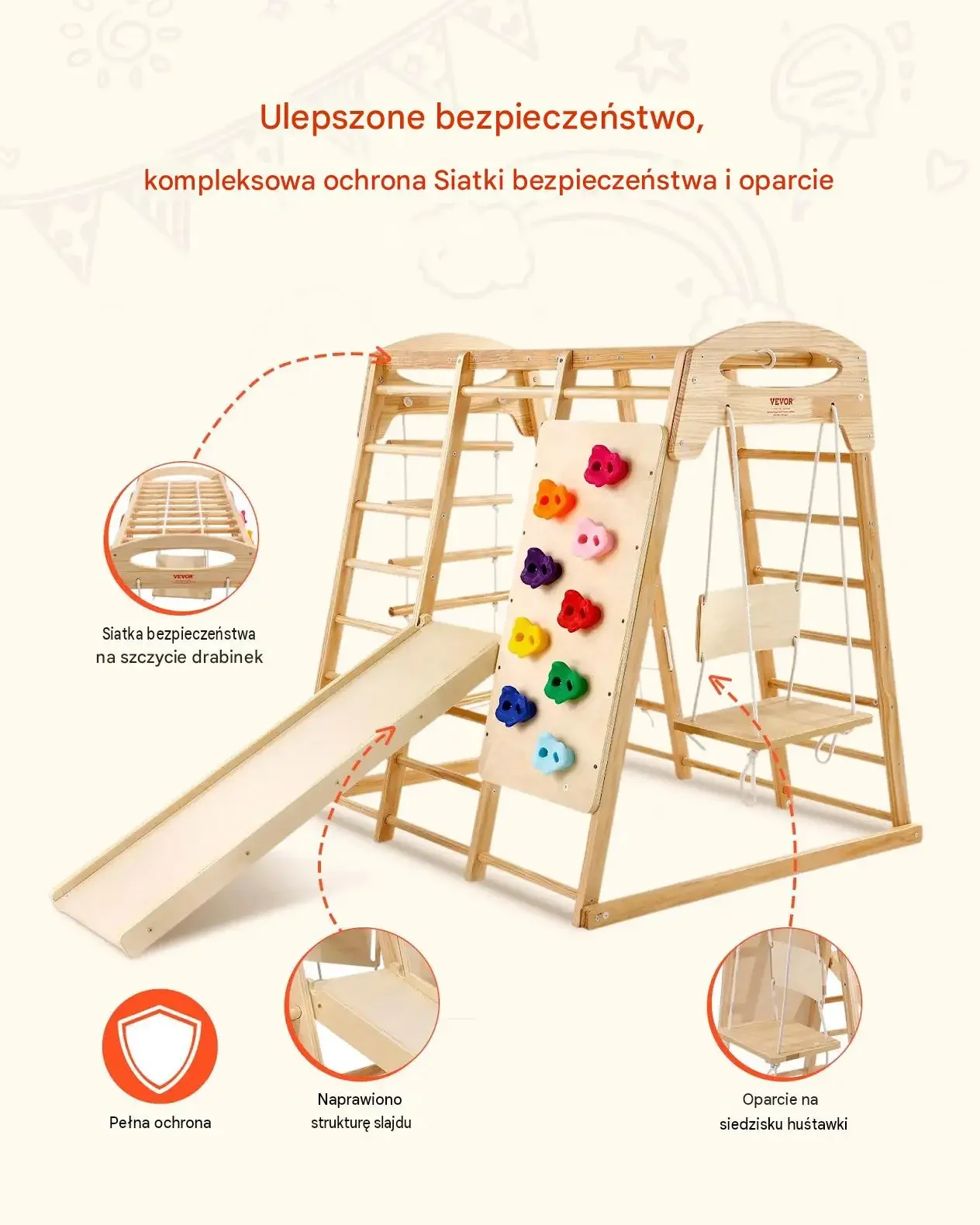 Plac zabaw domowy drewniany małpi gaj zjeżdżalnia 109 120 cm zestaw 7w1 - obrazek 5