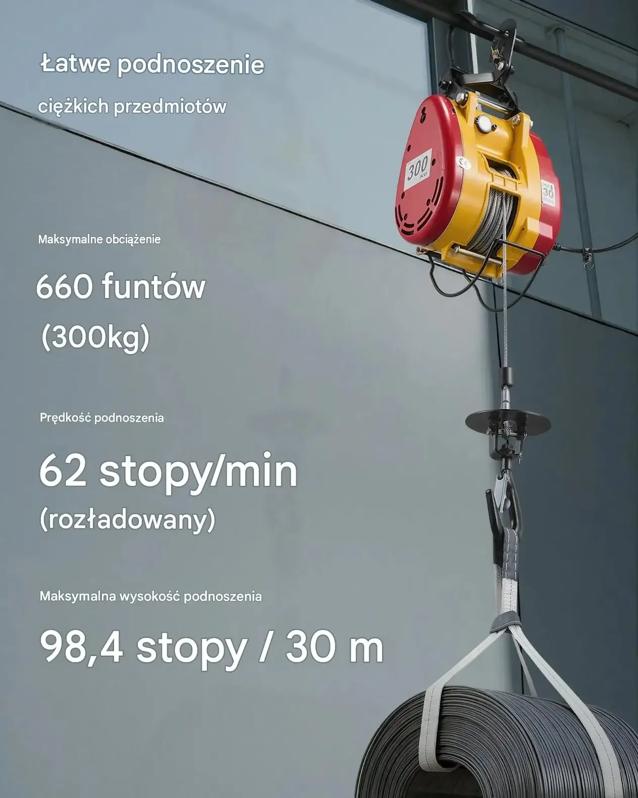 Wciągarka elektryczna wciągnik 300 kg 1500 W 30 m mocna pilot bezprzewodowy - obrazek 4