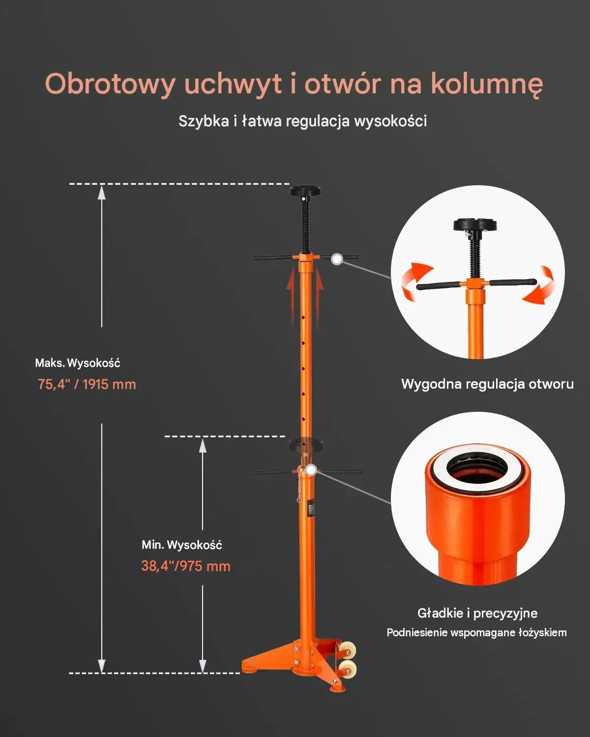 Podpora podnosząca 0,75 t mocna stalowa 975-1915 mm 2 koła trójkątna 750 kg - obrazek 5