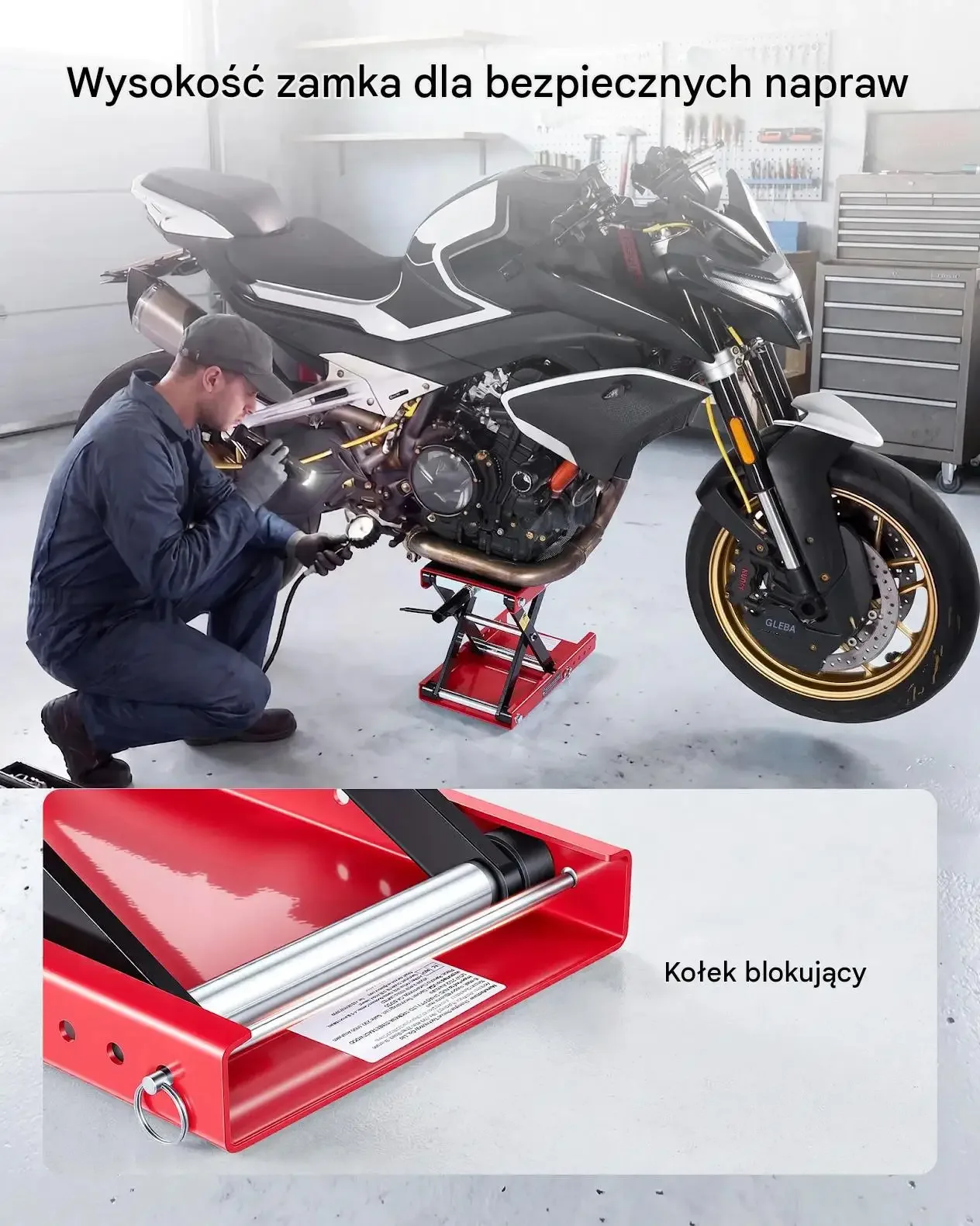 Podnośnik motocyklowy czerwony premium stalowy platforma max 499 kg śruby - obrazek 2