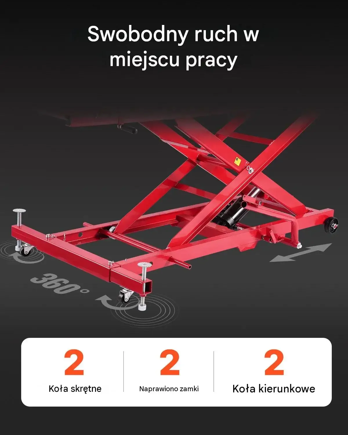 Podnośnik motocyklowy hydrauliczny mocny 453,59 kg 218 787 mm 4 koła stojak - obrazek 5