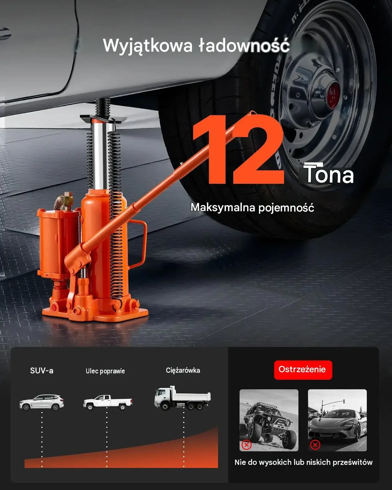 Podnośnik butelkowy pneumatyczny 12 t mocna hydraulika 265–505 mm pompa SUV - obrazek 6