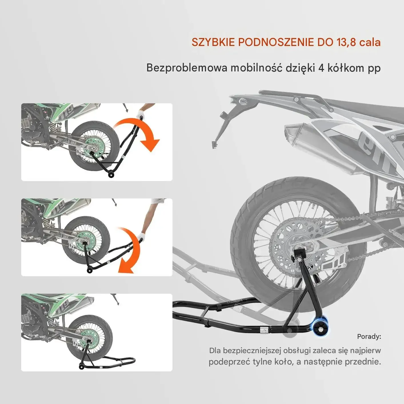 Stojak motocyklowy przód tył czarny mocna stal 390 kg zestaw regulowany U L - obrazek 4