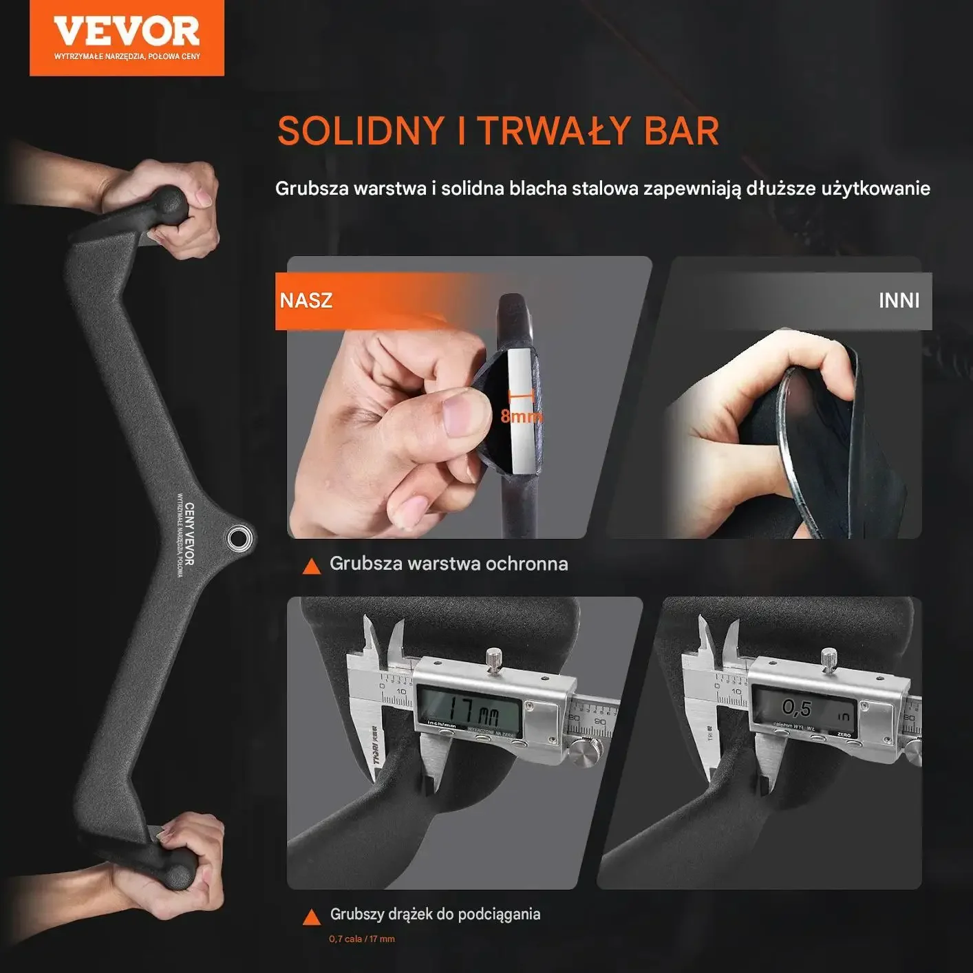 Drążek wyciągu LAT V Bar T Bar czarny premium stalowy antypoślizgowy gym - obrazek 3