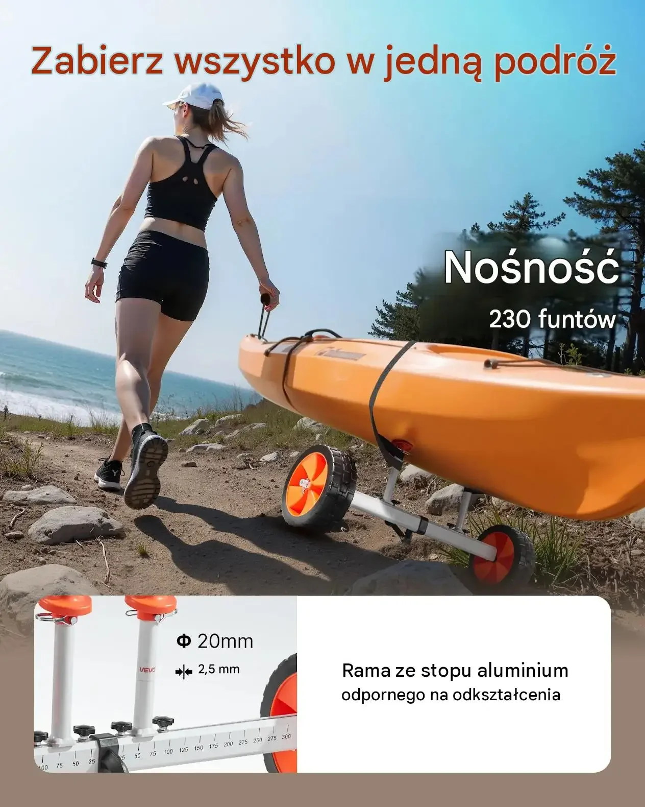 Wózek kajakowy transportowy mocny 104 kg transportowy kajak deska SUP - obrazek 2