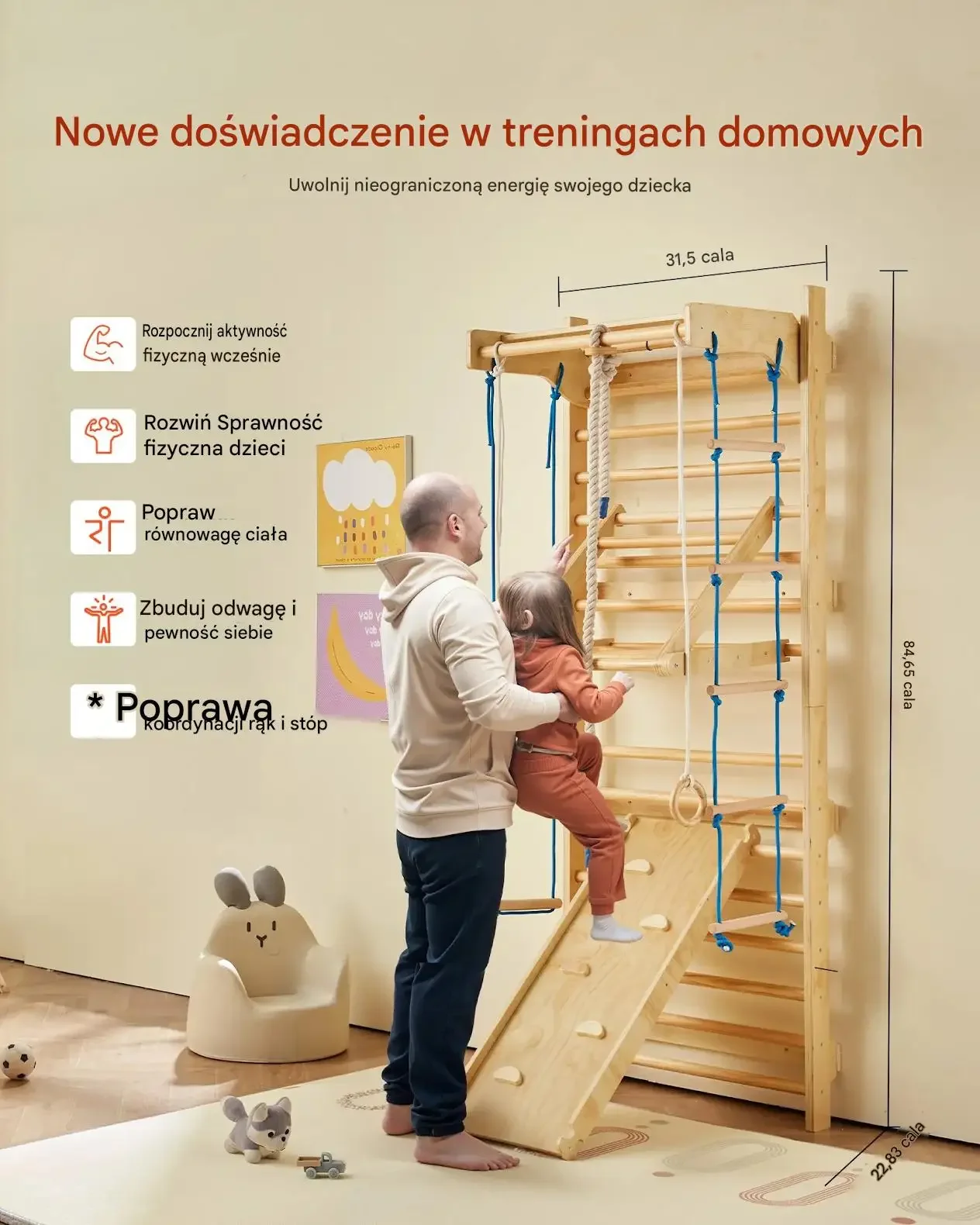 Drabinka wspinaczkowa szwedzka drewniana 8 w 1 premium dla dzieci składana - obrazek 3