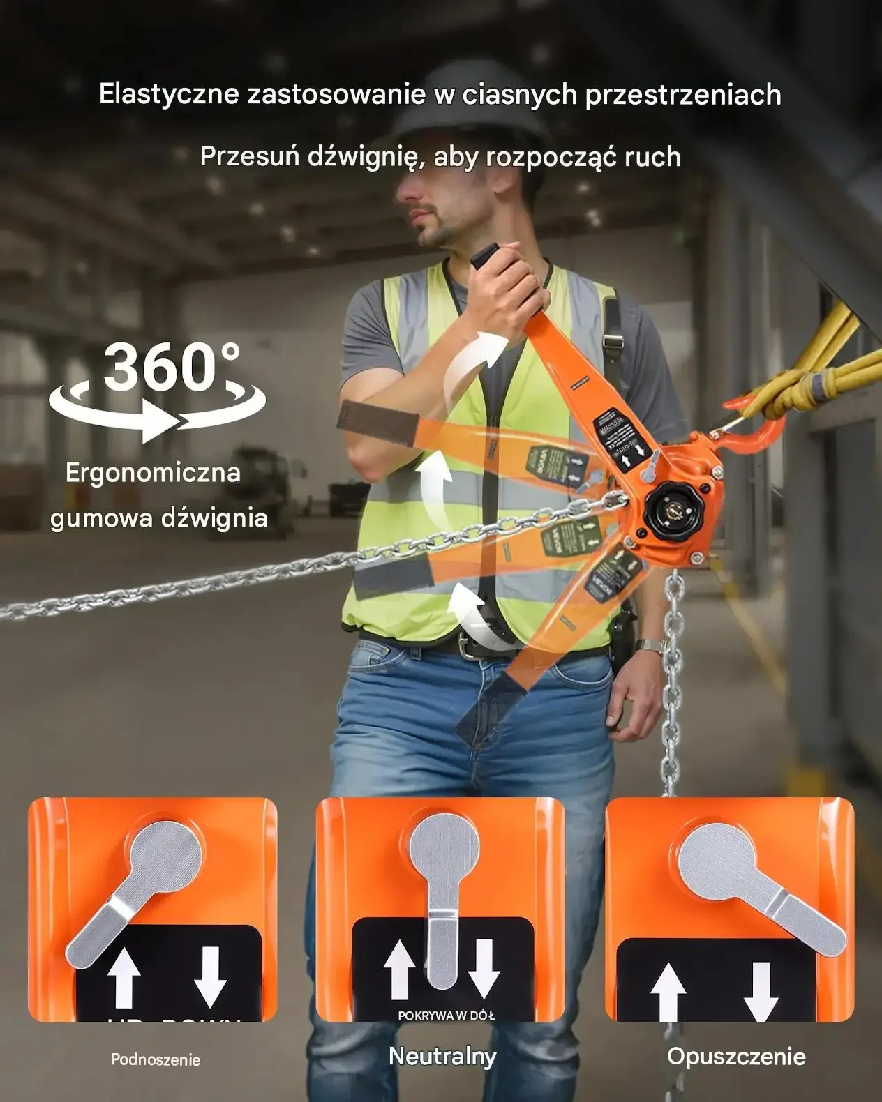 Wciągnik dźwigniowy ręczny 1,5 t 6 m łańcuch G80 premium hamulec ocynkowany - obrazek 2