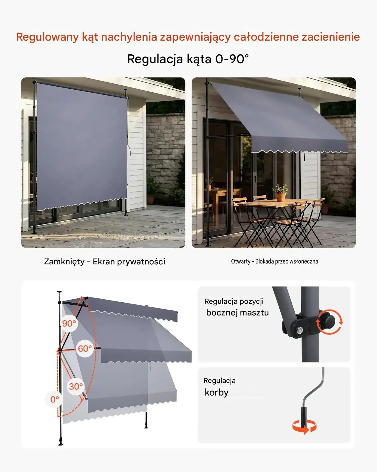 Markiza tarasowa 300 cm clamp regulacja korba UPF 80 ciemnoszara premium UV - obrazek 5