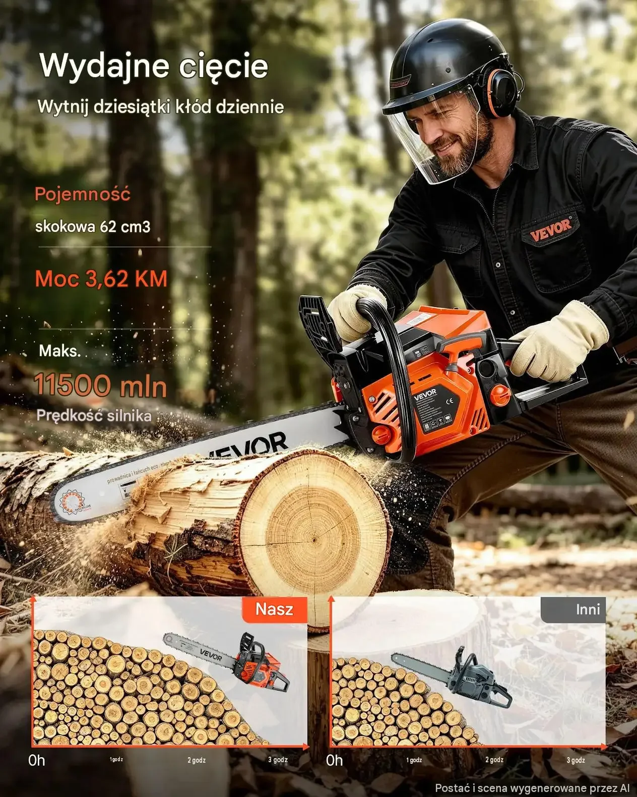 Piła łańcuchowa benzynowa mocna 62 cm3 2,7 kW 508 mm 11500 obr./min stalowa - obrazek 5