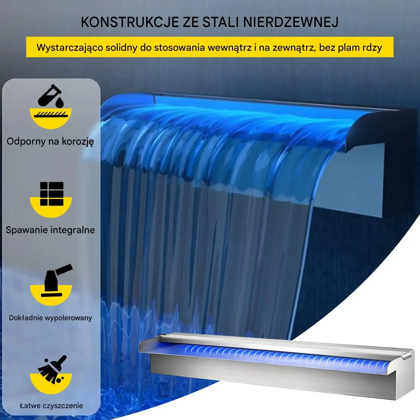 Kaskada basenowa LED stal nierdzewna wodospad premium fontanna ścienna - obrazek 2