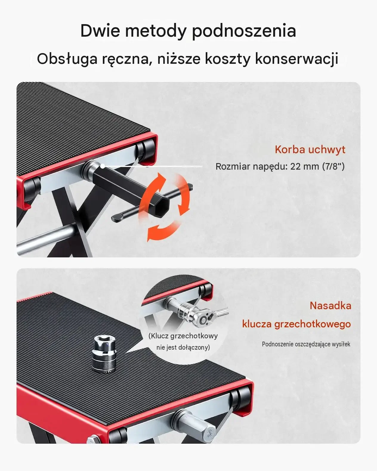Podnośnik motocyklowy czerwony premium stalowy platforma max 499 kg śruby - obrazek 4