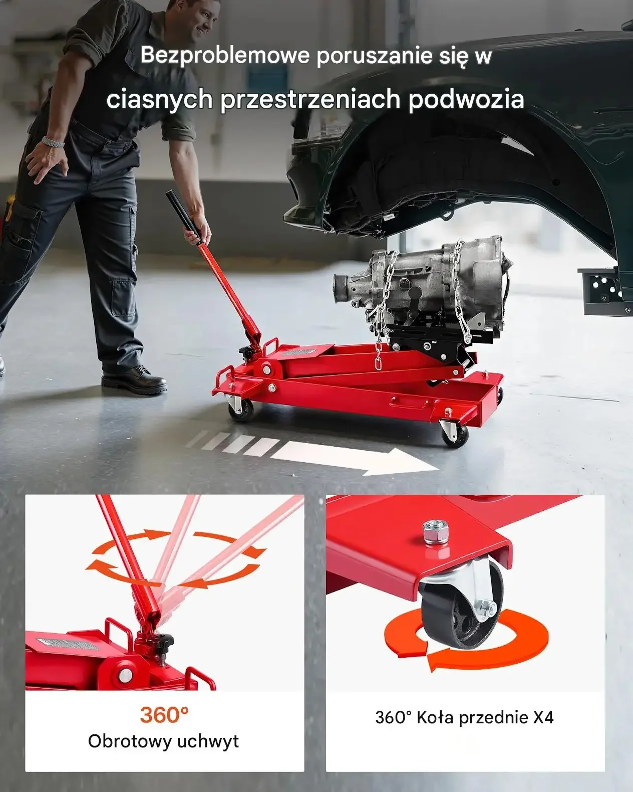 Podnośnik samochodowy 1 t hydrauliczny niski profil premium czerwona 360° - obrazek 5