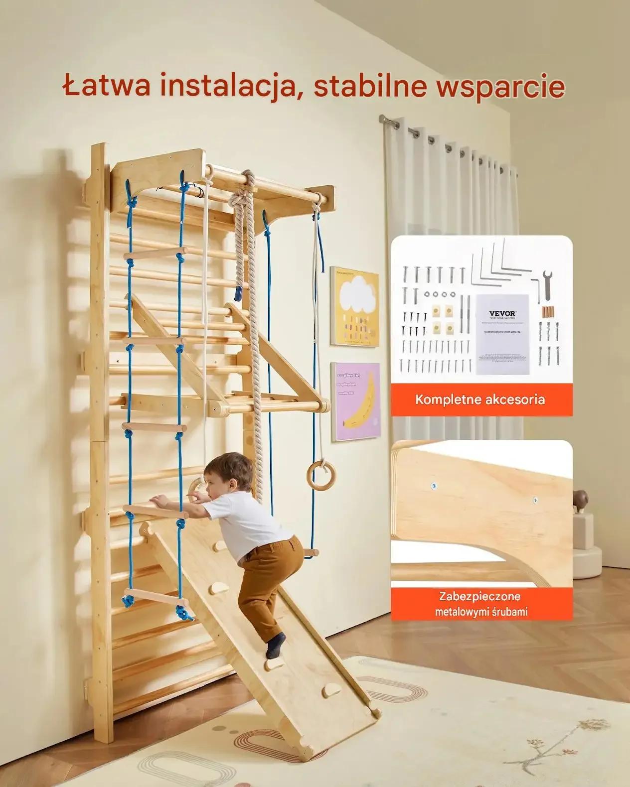 Drabinka wspinaczkowa szwedzka drewniana 8 w 1 premium dla dzieci składana - obrazek 2